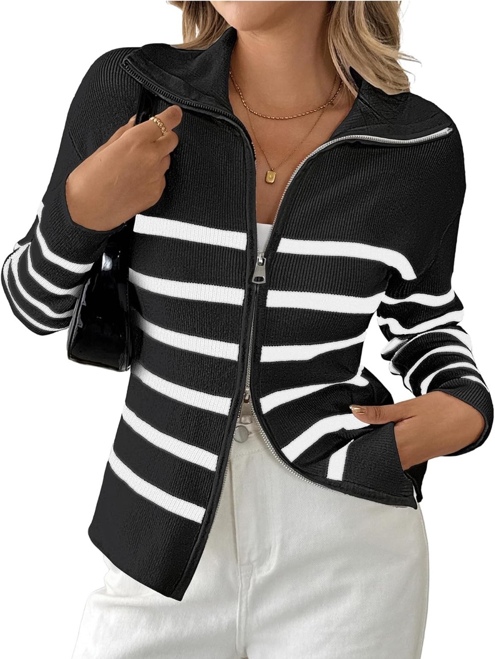 Bsubseach Cardigan Sweater NWOT Women Striped Double Zipper Black White Medium